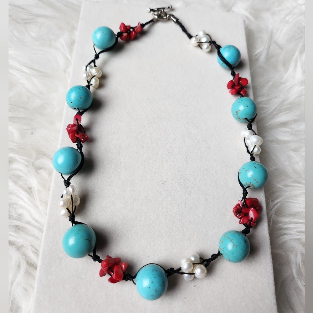 Turquoise and Red Beaded Necklace